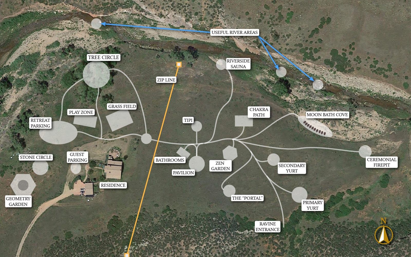 Aerial site plan of Anahata's lower meadow with each named space marked: tree circle, yurts, moon bath cove, chakra path, ceremonial firepit, riverside sauna, ravine entrance