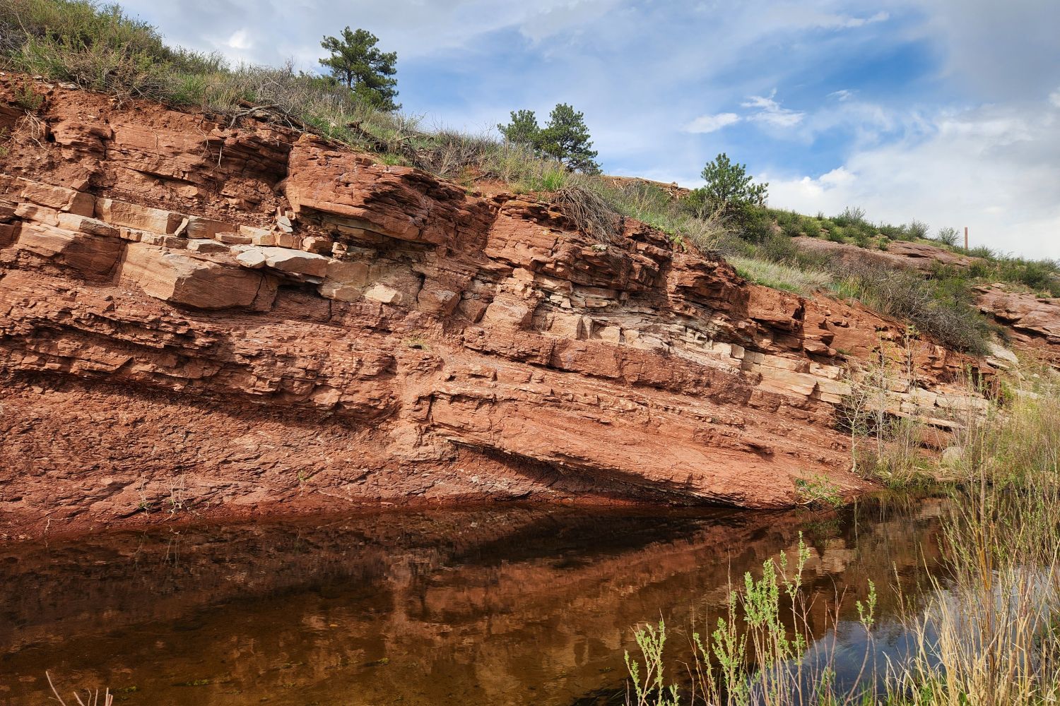 Where the rivers flows against red sandstone cliffs.